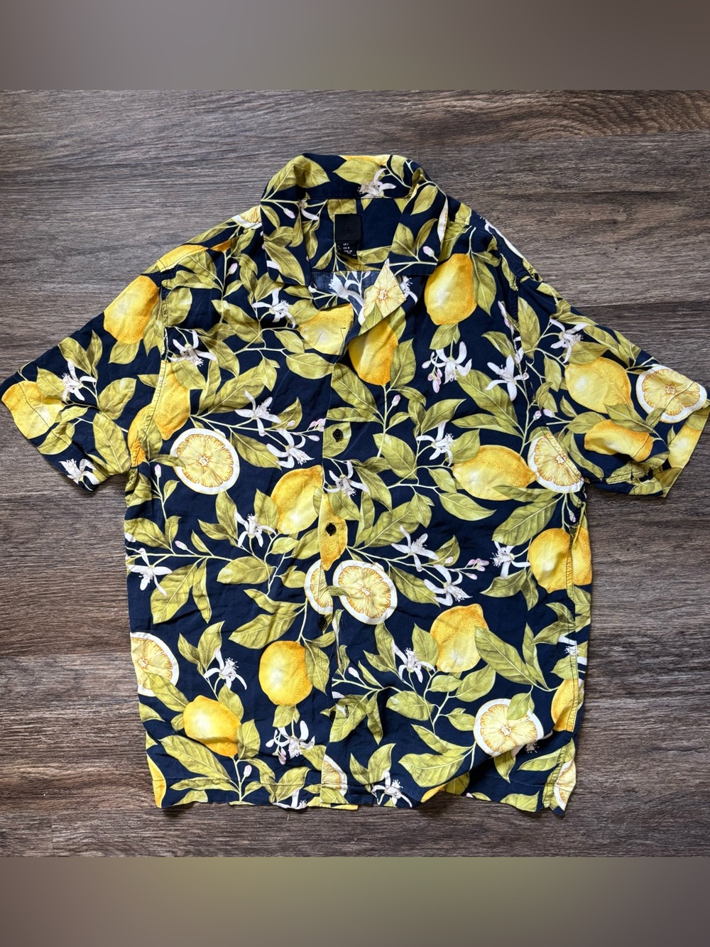 H&M Navy Short-Sleeve Lemon Print Button-Down Shirt
